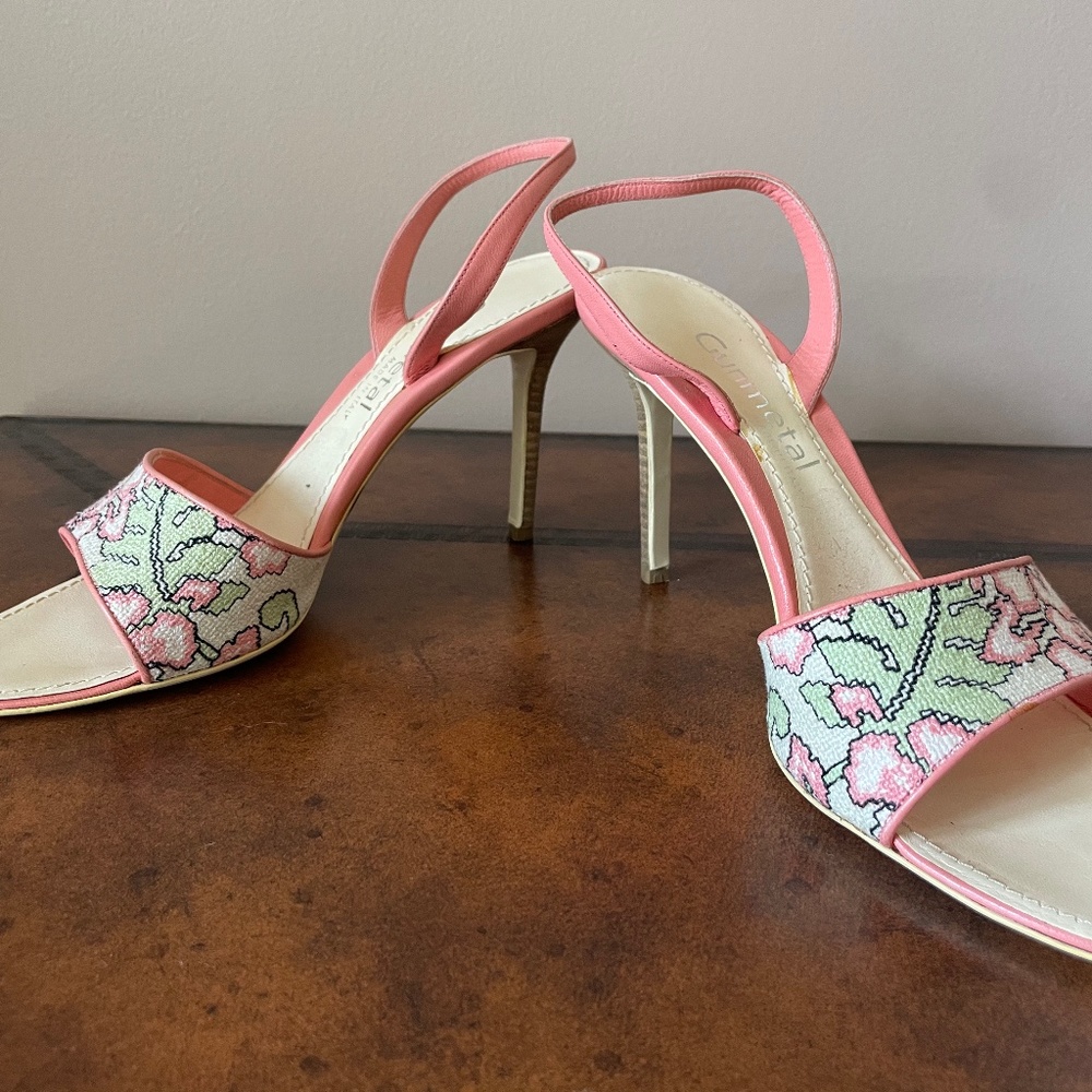 Gunmetal Italian embroidered leather sandals 39 9